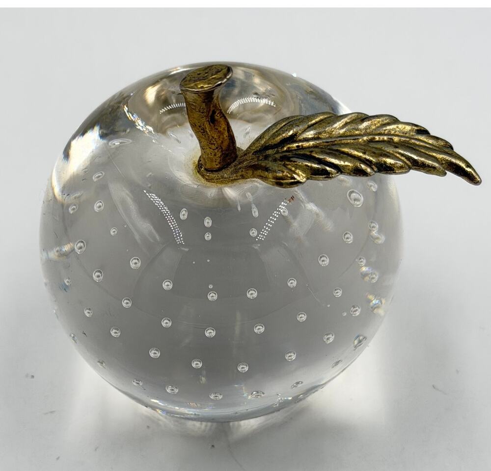 Venetian Art Glass Apple Paperweight w/Brass Leaf & Stem Bullicante Bubbles
